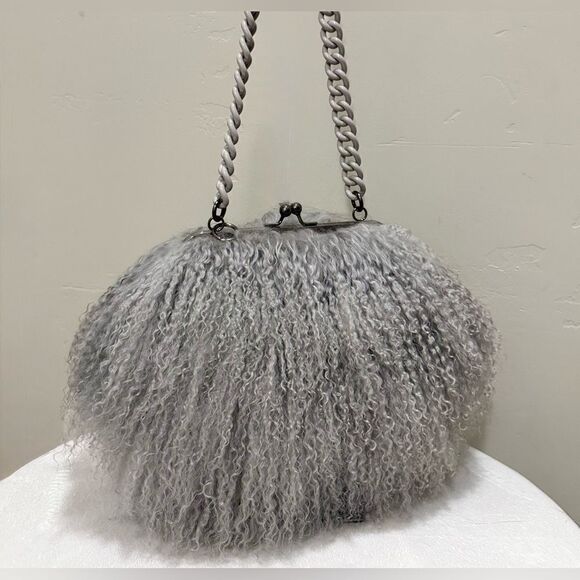 Gray Handmade Genuine Mongolian Lamb Fur Kisslock Clutch/Shoulder Bag/Crossbody - Picture 6 of 16